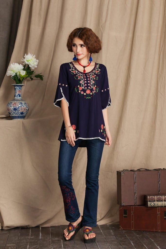 Ashir Aley Bell Sleeve Womens Girls Embroidered Cotton Peasant Tops Mexican Bohemian Shirts Blouses (L,Navy Blue) - Image 3
